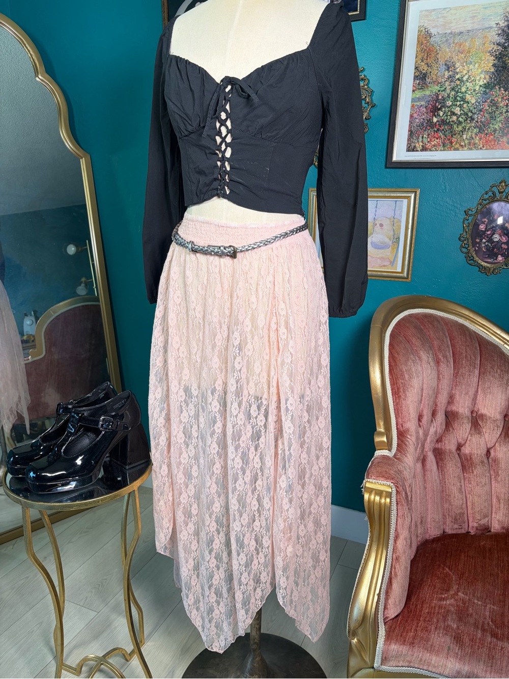 Free People Blush Pink Sheer Lace Draped Maxi Skirt Size M